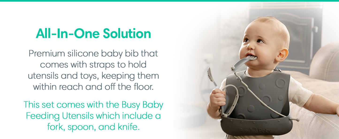 Busy Baby Bungee Bib & Utensils | Deluxe, No-Drop, On-The-Go, BLW Feeding System