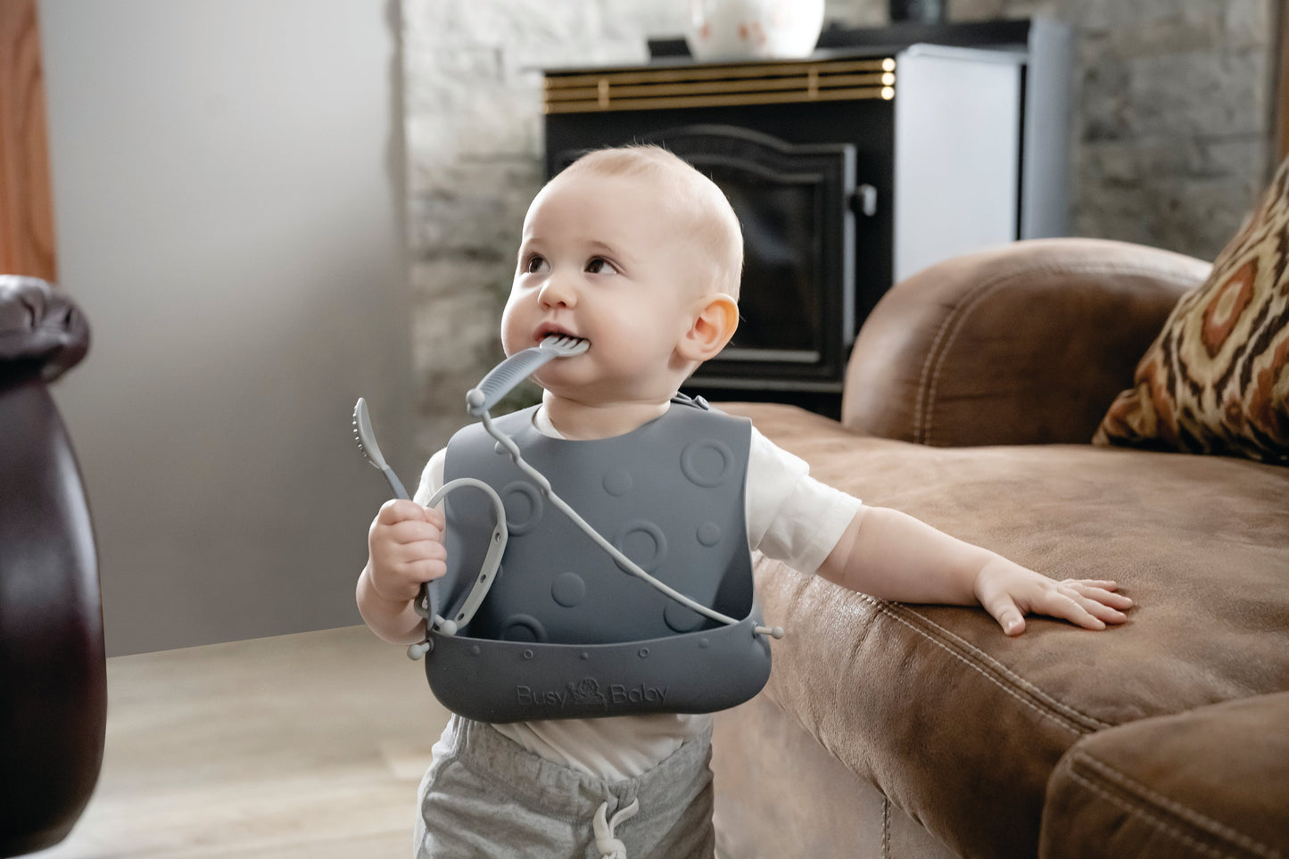 Busy Baby Bungee Bib & Utensils | Deluxe, No-Drop, On-The-Go, BLW Feeding System