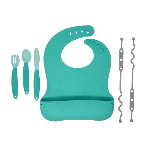 Busy Baby Bungee Bib & Utensils | Deluxe, No-Drop, On-The-Go, BLW Feeding System