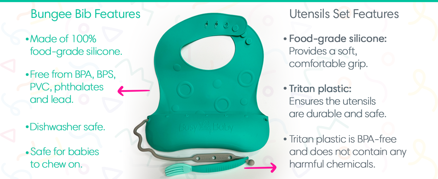 Busy Baby Bungee Bib & Utensils | Deluxe, No-Drop, On-The-Go, BLW Feeding System