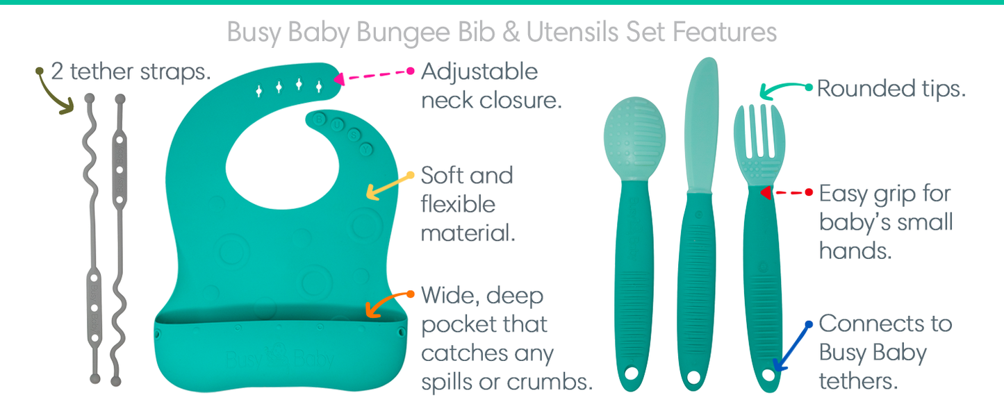 Busy Baby Bungee Bib & Utensils | Deluxe, No-Drop, On-The-Go, BLW Feeding System